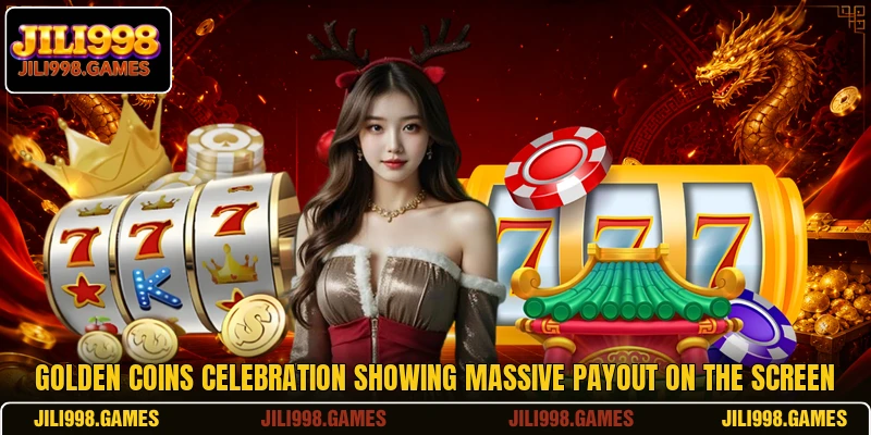 Golden coins celebration showing massive payout on the screen