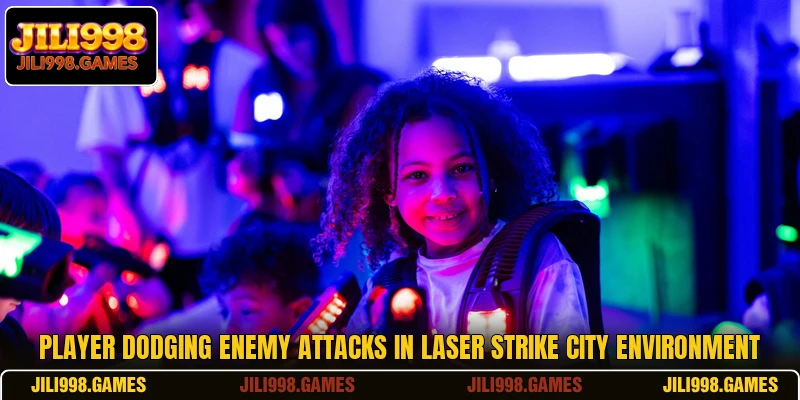 Player dodging enemy attacks in Laser Strike City environment
