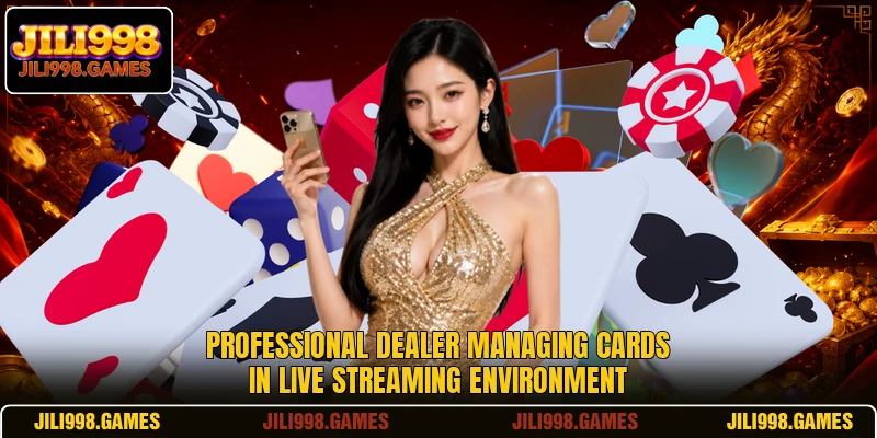 Professional dealer managing cards in live streaming environment